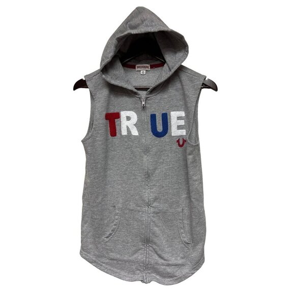 True Religion Grey Sleeveless Hooded Sweatshirt Spell Out Full Zip Boy's Large - Picture 1 of 8